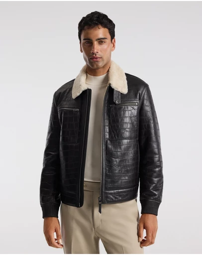 Calibre - Croc Embossed Leather Shearling Jacket Chocolate