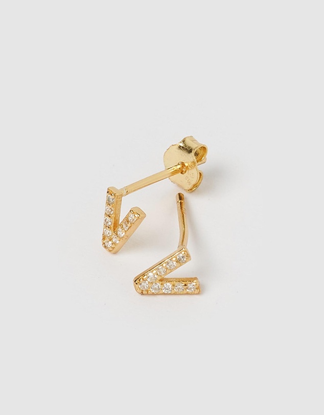 Izoa - Alphabet Mini Letter V Stud Earrings Gold