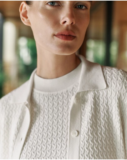Trenery - Cotton Cashmere Cable Mock Neck Knit in Ivory