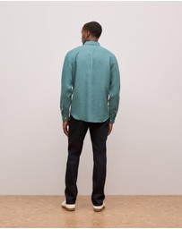 Trenery - Regular Fit Linen Micro Check Long Sleeve Shirt in Jade Green