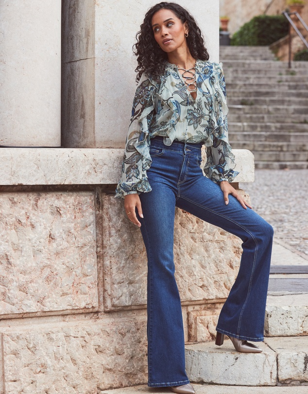 Sosandar - Floral Print Metallic Stripe Blouse With Lace Up Detail