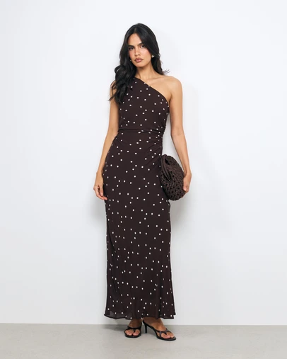 AERE - Eris Polka Dot One Shoulder Midi Dress