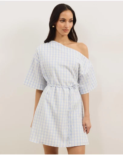 Atmos&Here - Olive Off Shoulder Gingham Mini Dress With Tie Waist