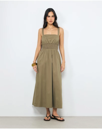 AERE - Liona Cotton Shirred Waist Midi Dress