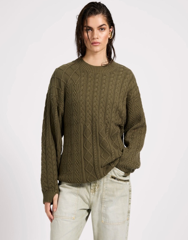 ONE TEASPOON - Mixed Cable Cotton Knit Sweater - Khaki