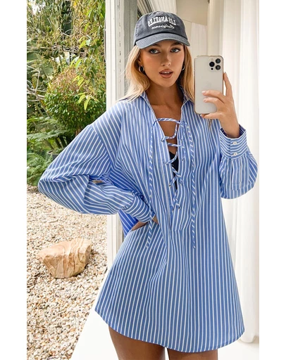 Beginning Boutique - Jasper Blue Pinstripe Lace Up Shirt Dress