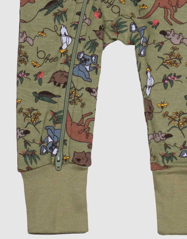 B Free Intimate Apparel - 100% Organic 2-Way Zip Sleepsuit - Baby & Toddler Khaki Native Aussie Animals