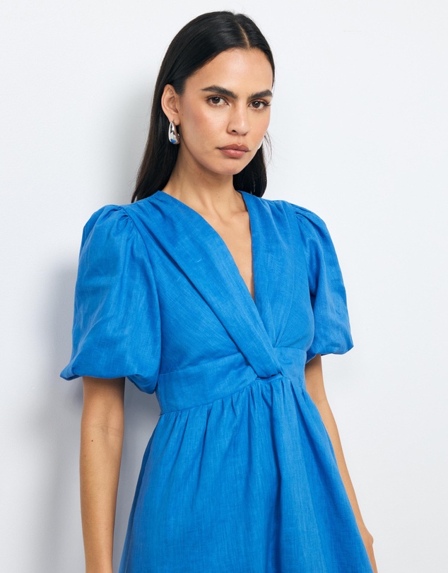 AERE - Ivy Puff Sleeve Linen Midi Dress