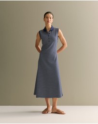 Trenery - Cotton Pique Stripe Sleeveless Polo Dress in Navy
