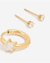 Lovisa - Waterproof Gold Plated Stainless Steel Cubic Zirconia Huggie & Stud Earrings 3-Pack