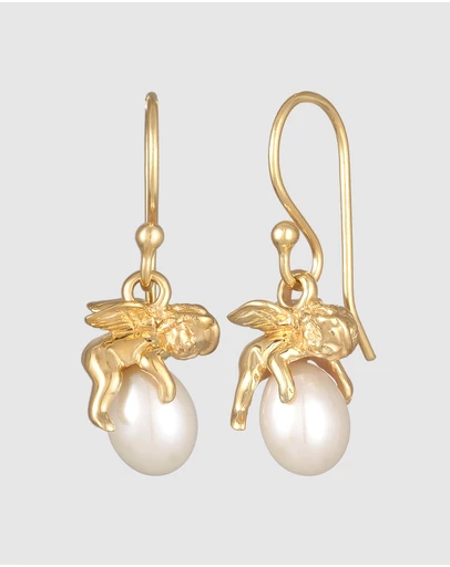Elli Jewelry - Angel Pendant Pearl Drop Earrings in Gold-Plated 925 Silver