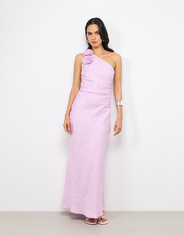 AERE - Eloe Linen Flower One Shoulder Midi Dress