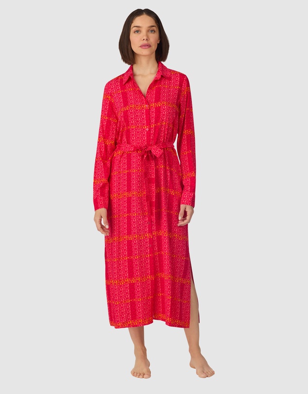 DKNY - Woven Viscose Midi Long-Sleeve Button Up Nightgown