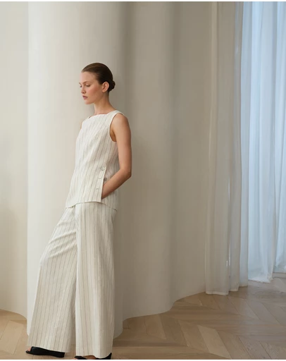 Trenery - Linen Cotton Pinstripe Pant in Parchment