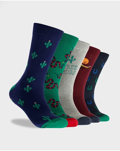 Mitch Dowd - Mens Frontier Follies Cotton Jacquard Crew Sock 5 Pack - Multi