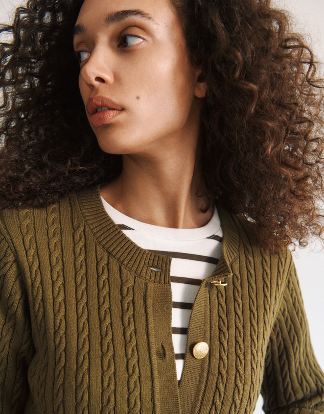 Trenery - Cotton Cable Knit Longline Cardigan in Dark Khaki