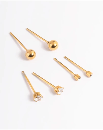 Lovisa - Waterproof Gold Plated Stainless Steel Cubic Zirconia Plain Stud Earrings Pack
