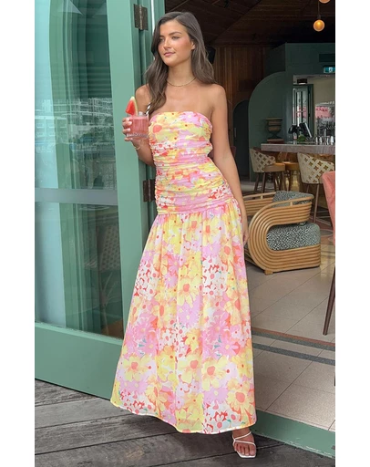 Beginning Boutique - Sinclair Yellow Floral Print Strapless Maxi Dress