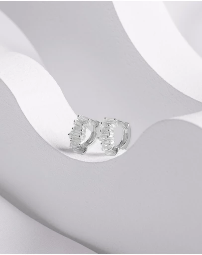 Wanderlust + Co - Jagged Baguette Silver 8mm Baby Huggie Earrings