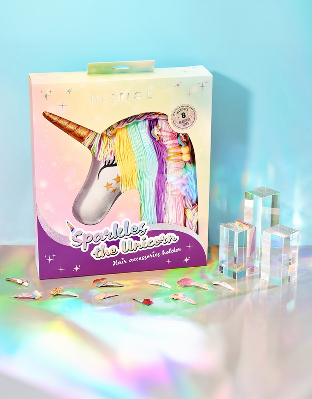 Mestige Kids - Sparkles Unicorn Hair Accessory Holder - Includes 4 Sets of Hair Clips