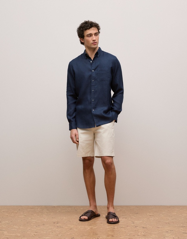 Trenery - Regular Fit Linen Classic Long Sleeve Shirt in Navy