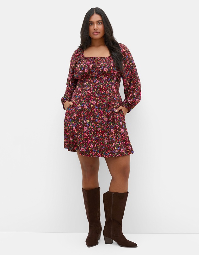 City Chic - Aire Ditsy Print Long Sleeve Mini Dress