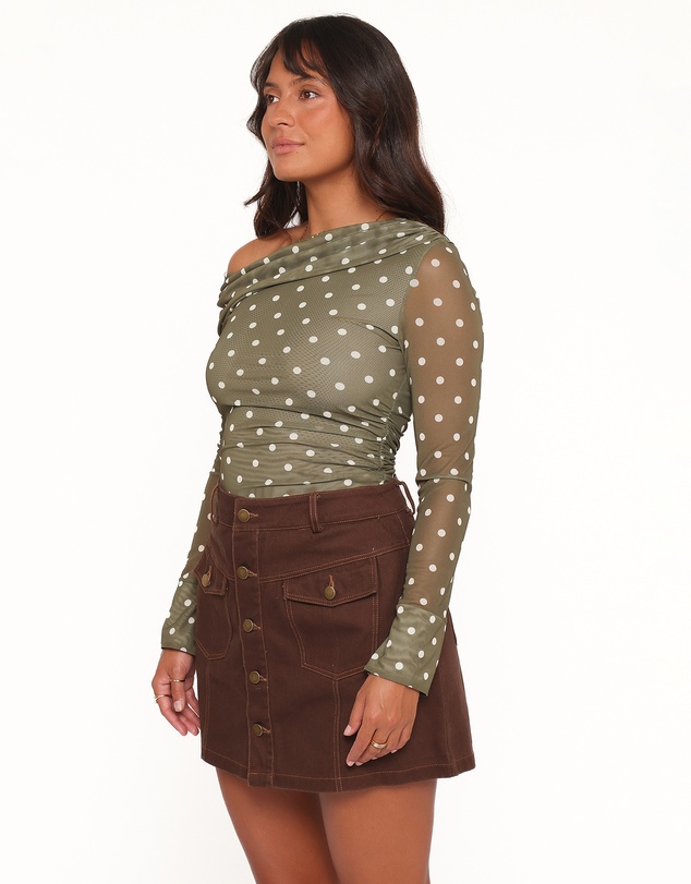 Petal & Pup - Ginevra Off Shoulder Mesh Top - Green Polka Dot