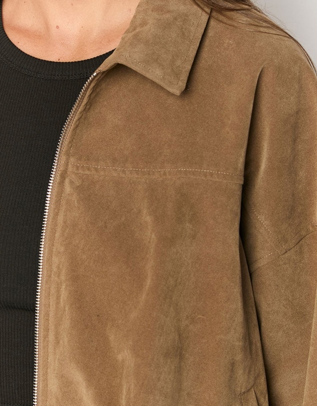 Beginning Boutique - River Brown Suedette Bubble Hem Bomber Jacket