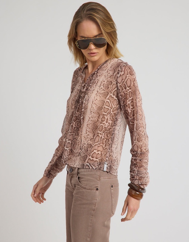 ONE TEASPOON - Brandy Sheer Chiffon Keyhole Long Sleeve Top - Cognac Snake