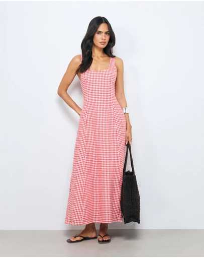 AERE - Romy Gingham Linen Midi Dress