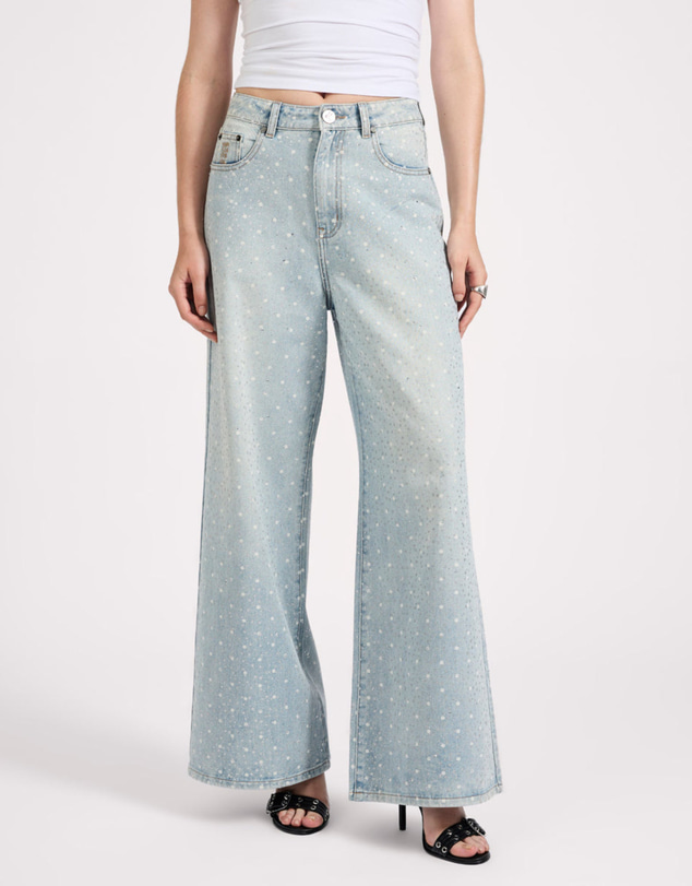 ONE TEASPOON - Love Machines Mid Waist Super Wide Leg Denim Jeans - Blue Sparkle