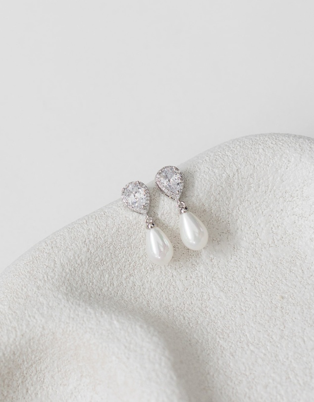 The White Collection - Sara - Silver Pearl Bridal Earrings