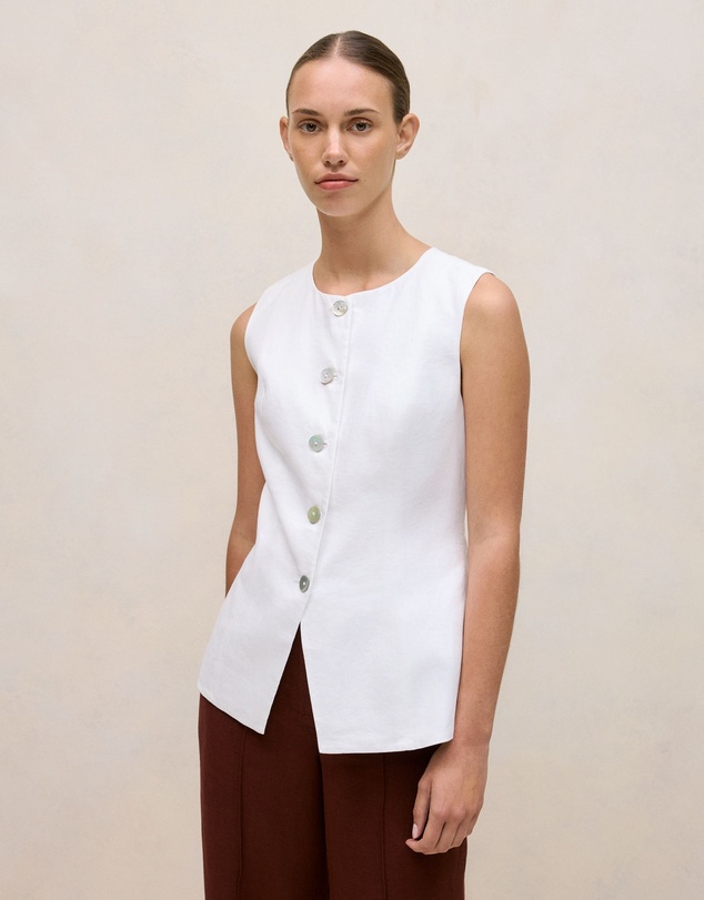 Trenery - Linen Collarless Button Through Vest in White