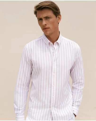 Trenery - Regular Fit Yarn Dyed Stripe Oxford Shirt in White