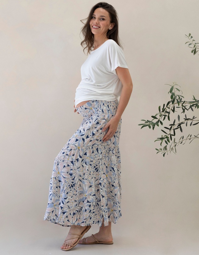 Angel Maternity - Maternity Shirred Maxi Skirt in Navy Floral Print
