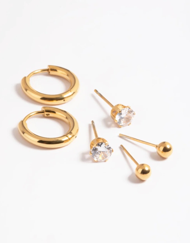Lovisa - Waterproof Gold Plated Stainless Steel Cubic Zirconia Stud & Huggie Earring Pack