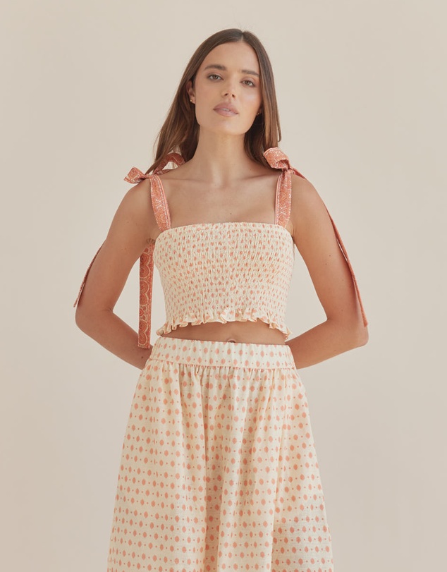Amelius - Peach Paisley Shirred Crop Top