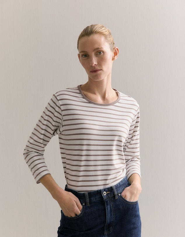 Trenery - Cotton Stripe 3/4 Sleeve T-shirt in Cinder