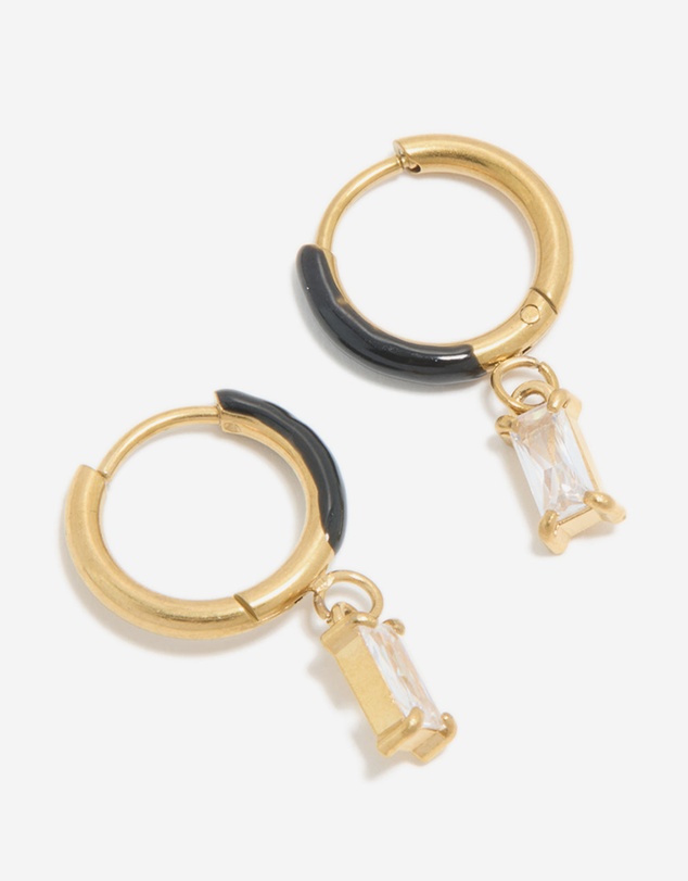 Lovisa - Waterproof Gold Plated Stainless Steel Black Enamel Cubic Zirconia Charm Huggie Earrings