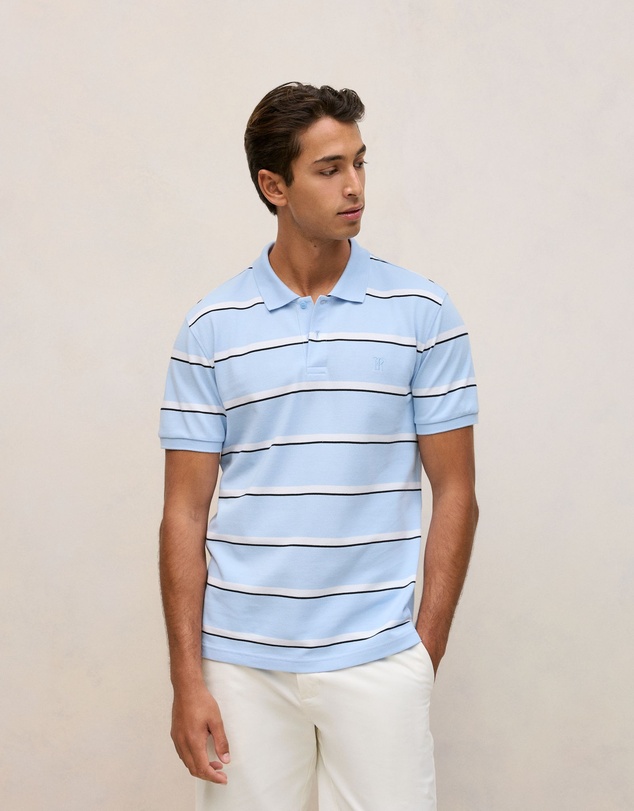 Trenery - Cotton Pique Double Stripe Polo in Blue Marble