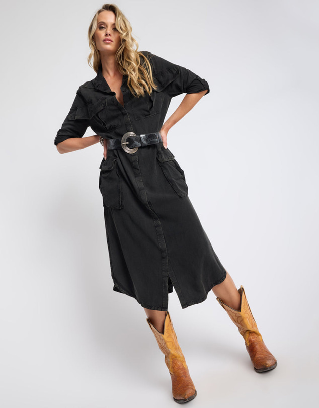 ONE TEASPOON - Crushed Midi Shirt Dress - Black