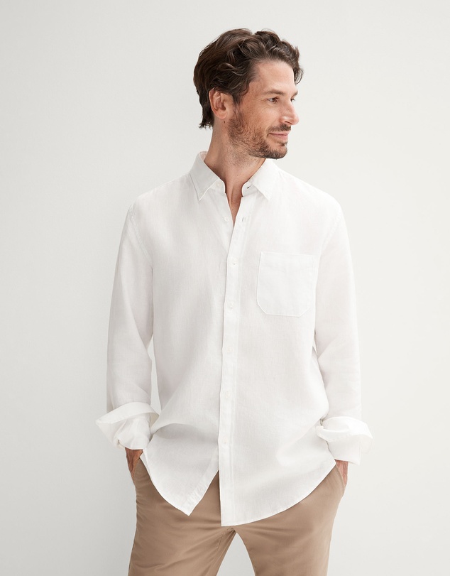 Trenery - Regular Fit Linen Piece Dyed Long Sleeve Shirt in White