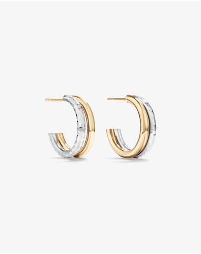 Michael Hill - Two-Tone Double Half Hoop Hammered Finish Stud Earrings in 10kt White and Yellow Gold