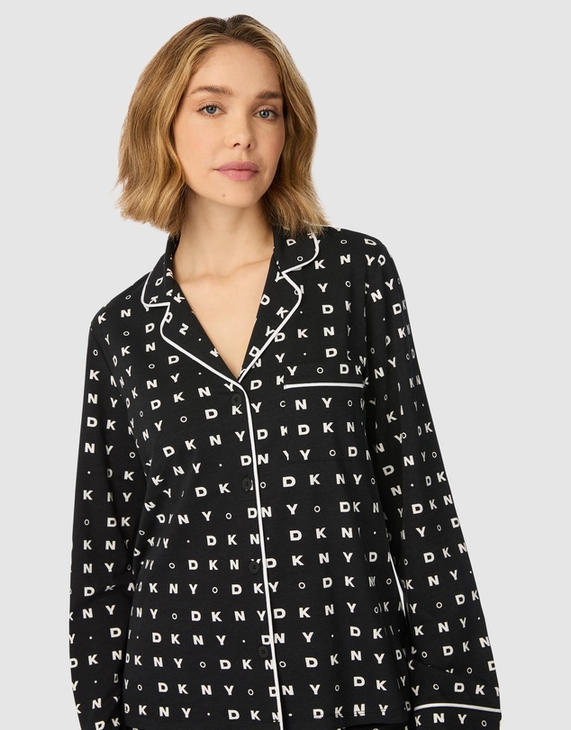 DKNY - Cotton & Viscose Jersey Button-Up Long Sleeve Long Pyjama Set