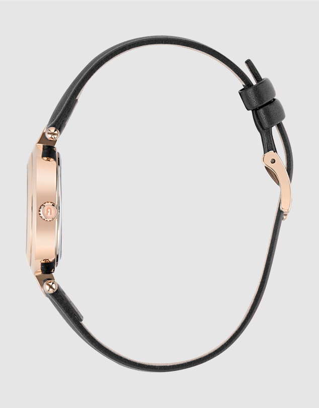 Furla - Arch-Bar Rose Gold-Tone Black Leather Strap Watch