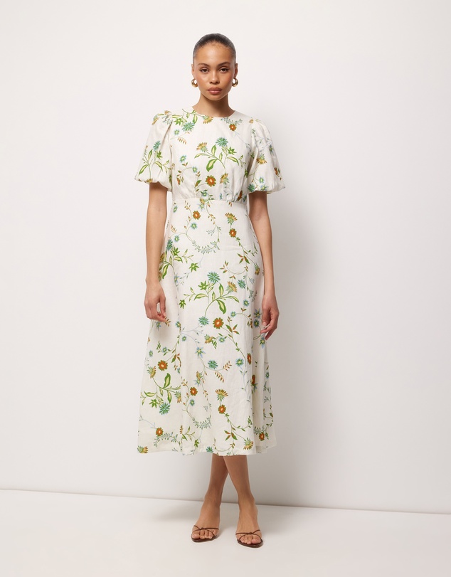AERE - Clea Linen Puff Sleeve Midi Dress
