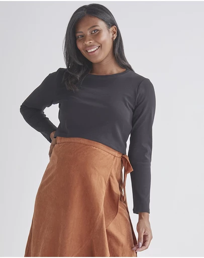 Angel Maternity - Celia Maternity Long Sleeve Cotton Crop Tee - Black