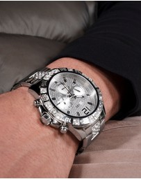 GUESS - Silver-Tone Multi-function Men's 48mm Silver Dial with Crystals on Bezel Watch