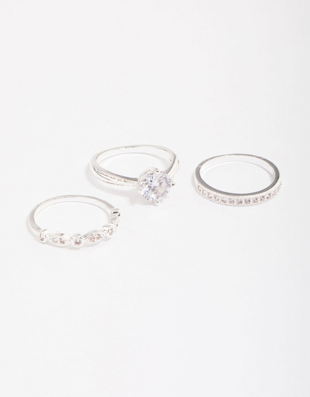 Lovisa - Silver Plated Cubic Zirconia Round Stone Ring Pack