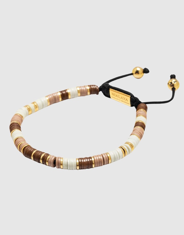 Nialaya Jewellery - Men's Beaded Bracelet with Brown, Beige and Gold Disc Beads